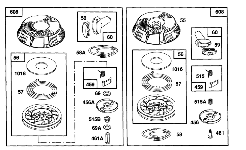 (2) Rewind Assemblies Diagram and Parts List for 104772-0122-XX  Briggs and Stratton Engine
